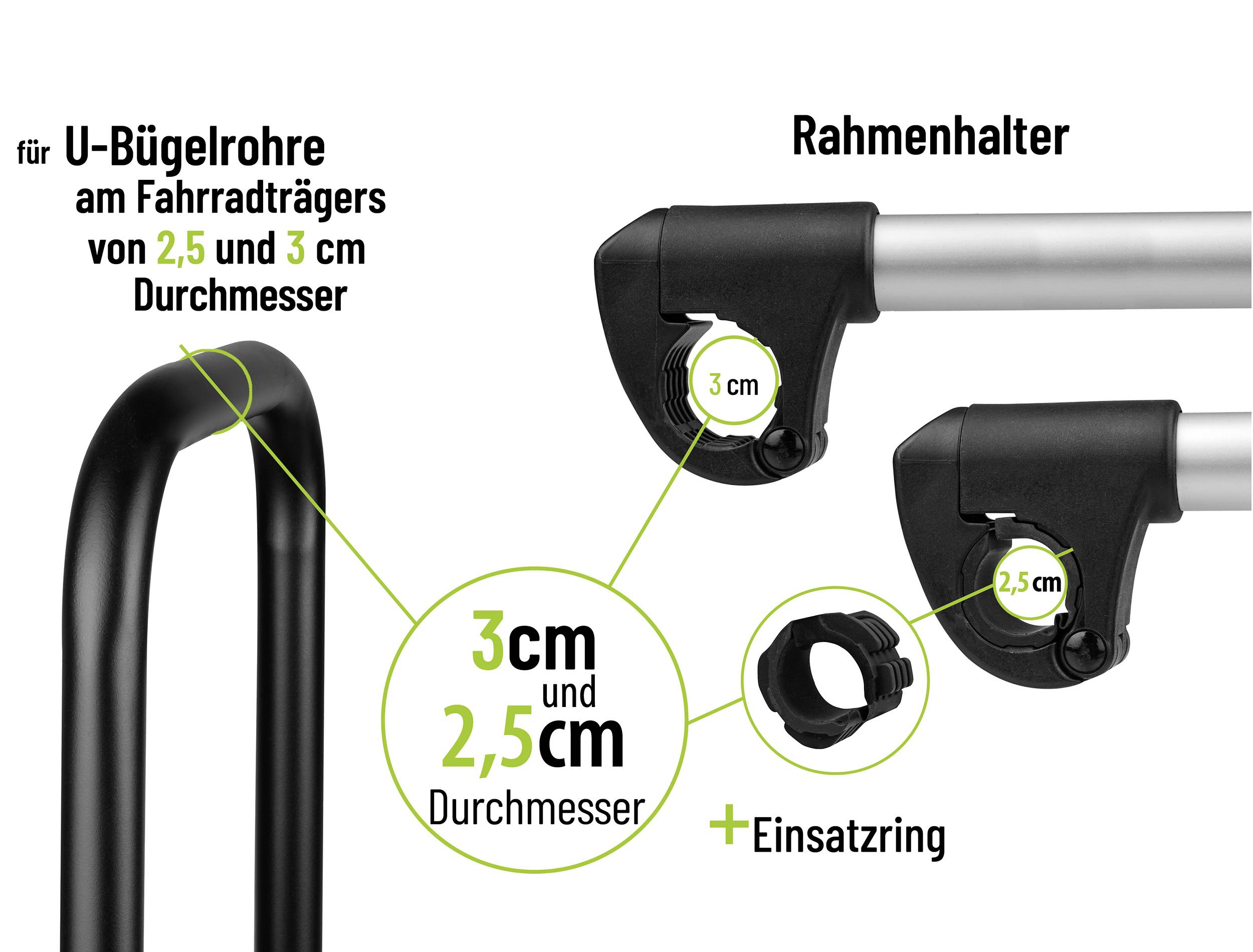 Abgebildet sind Rahmenhalter für Fahrradträger mit einem Durchmesser von 2,5 cm und 3 cm einschließlich eines Einsetzrings.