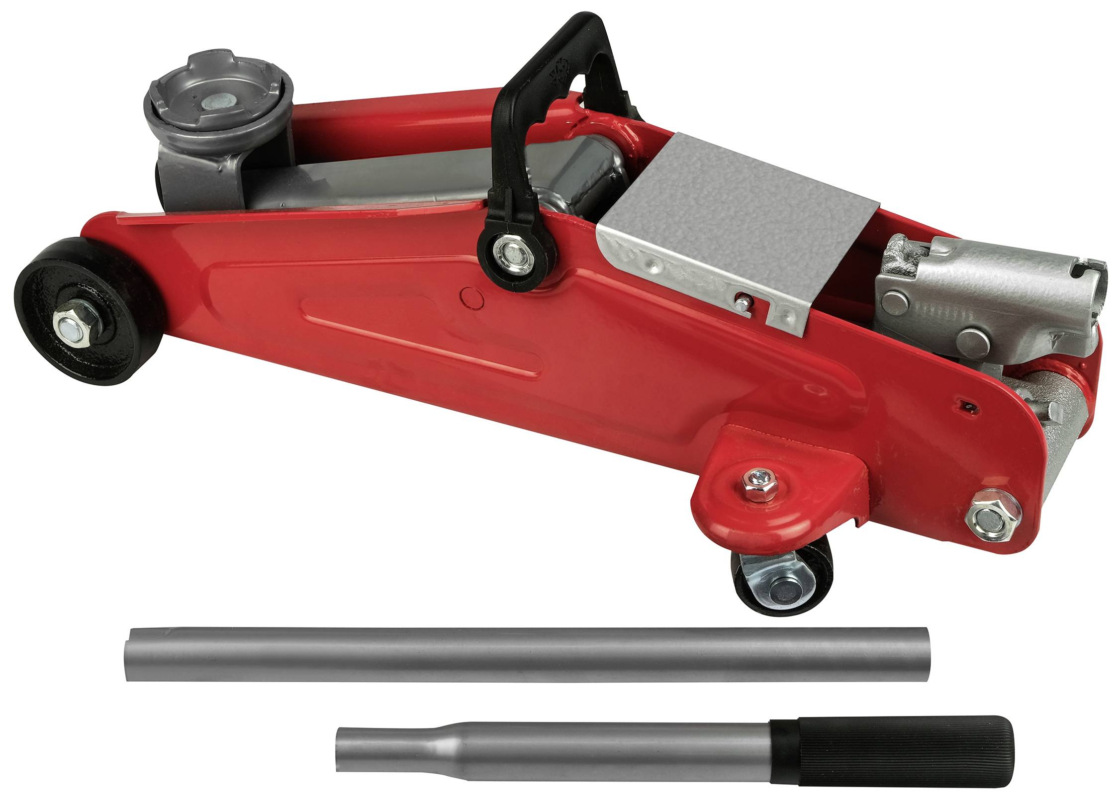 Ein roter hydraulischer Wagenheber mit zwei silbernen Hebelstangen, geeignet zum Anheben von Fahrzeugen für Reparatur- oder Wartungsarbeiten.