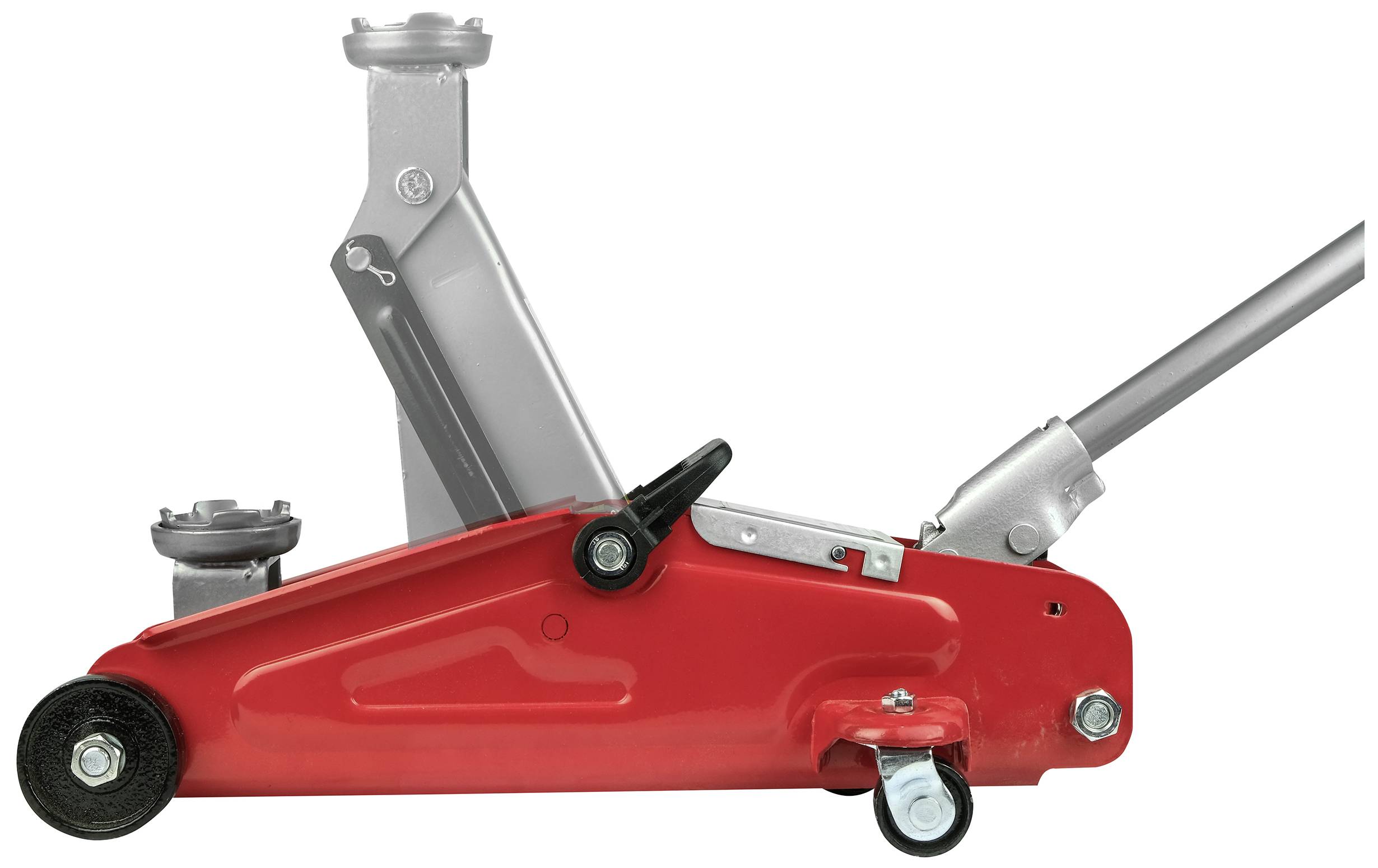 Ein roter Wagenheber mit zwei Rädern und einem langen Hebel, verwendet zum Anheben von Fahrzeugen für Reparaturen oder Wartung.