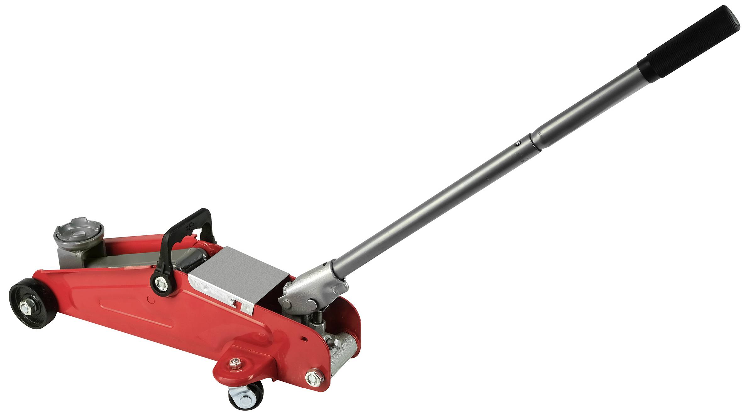 Ein roter Wagenheber mit langem Hebelarm und schwarzen Rollen, bereit zur Verwendung zum Anheben von Fahrzeugen in der Werkstatt.