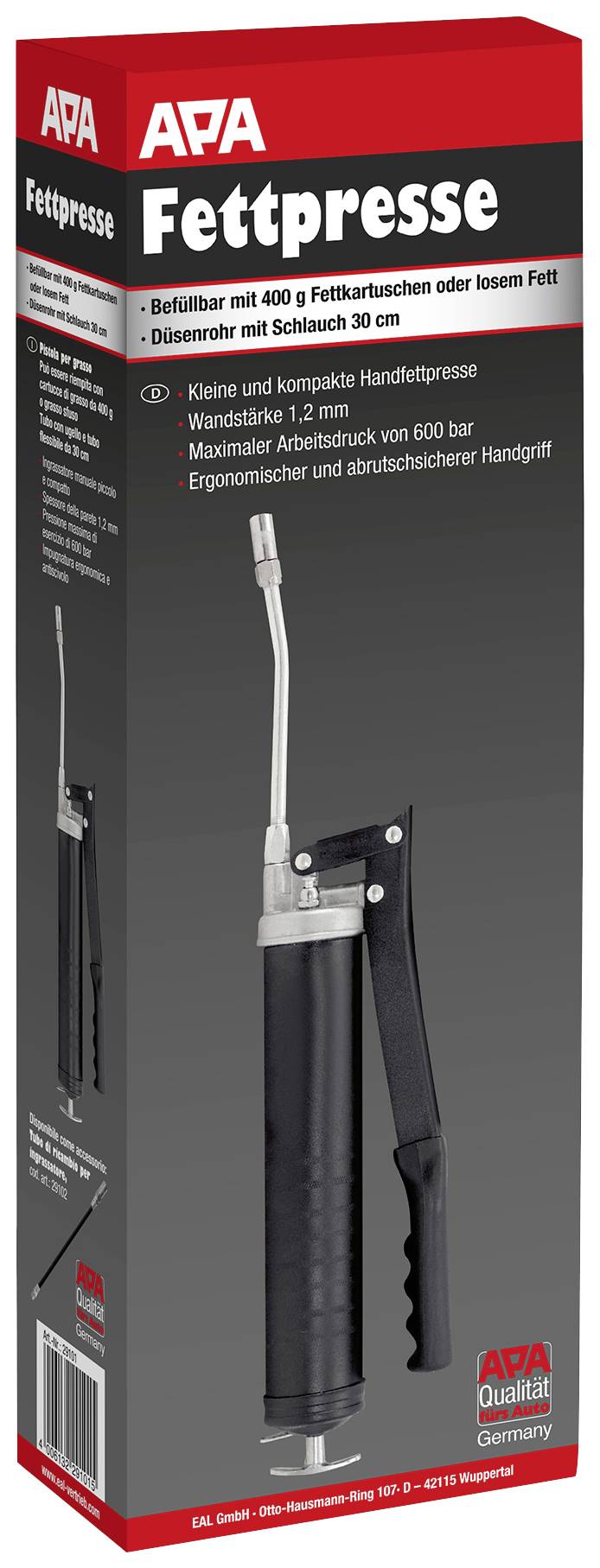 Schwarze Handfettpresse in einem Karton mit roten Details. Text hebt Ergonomie, Druckkapazität und Zubehör der Presse hervor.