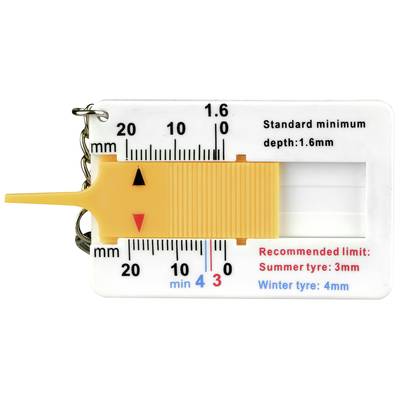 Reifentiefenmesser mit Skala zeigt Tiefenmessung von 1 bis 20 mm. Markierungen für Sommer- (3 mm) und Winterreifen (4 mm) sind zu sehen.