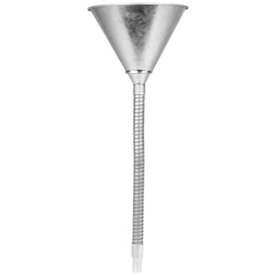 Ein Metalltrichter mit flexiblem Verlängerungsschlauch zum präzisen Befüllen von Flüssigkeiten. Ideal für Werkstatt- oder Haushaltsgebrauch.
