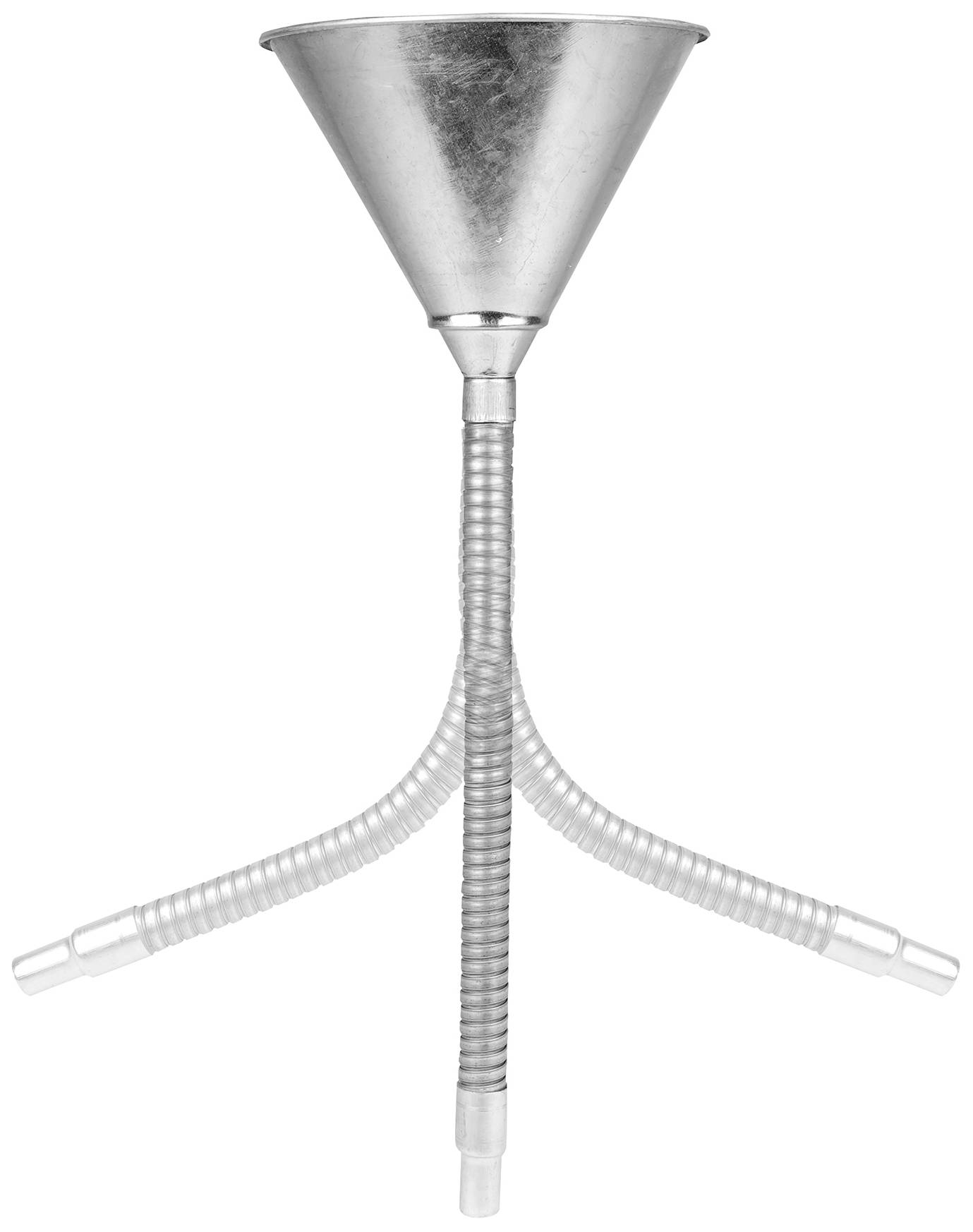 Metalltrichter mit drei flexiblen Schläuchen, die aus der unteren Spitze herausragen, vor weißem Hintergrund.