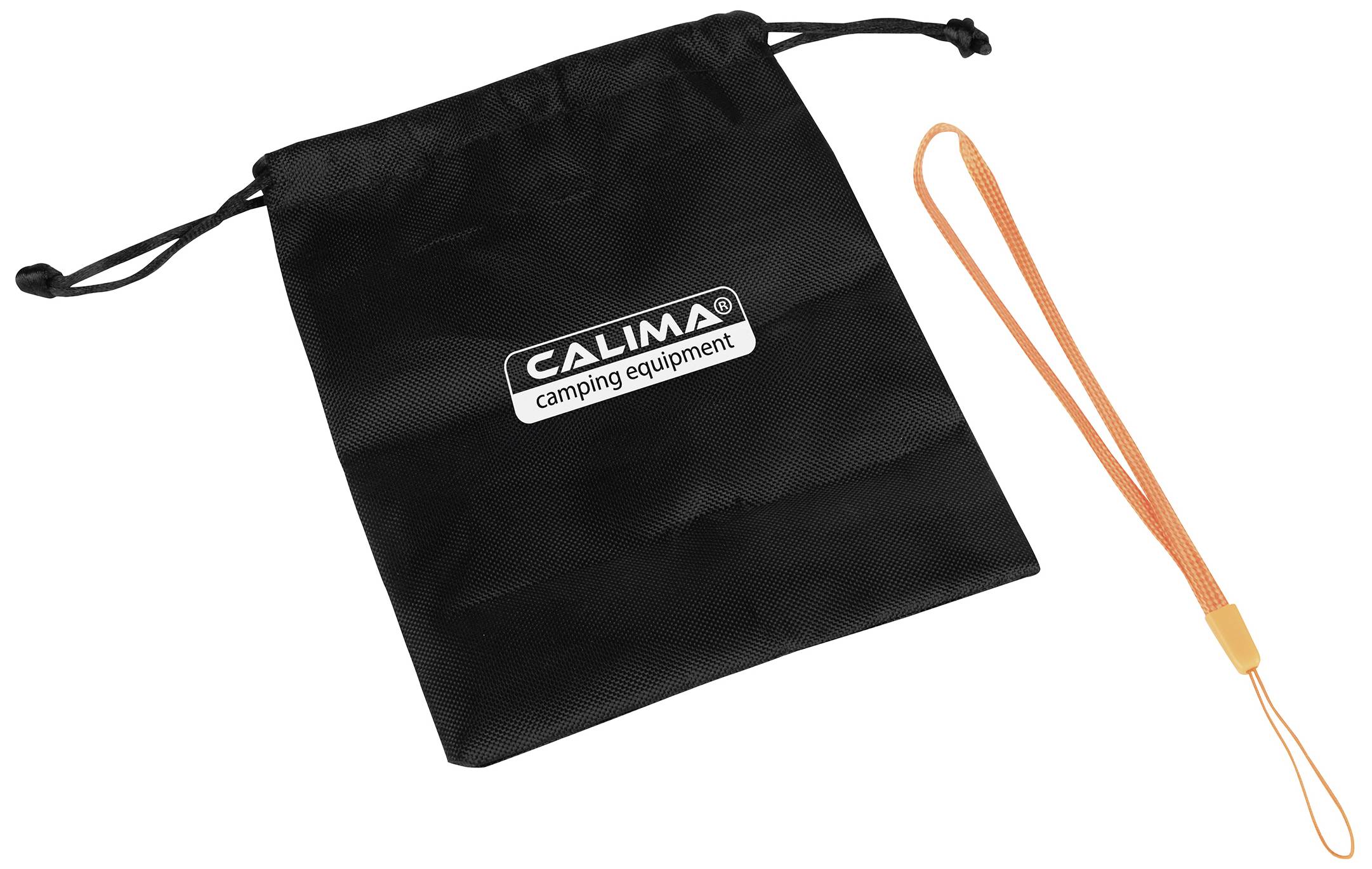 Schwarzer Beutel mit 'CALIMA camping equipment'-Logo, daneben orangefarbene Schlaufe.