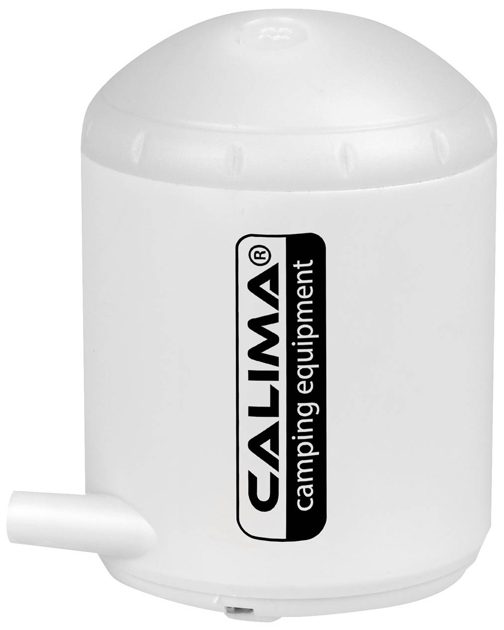 Ein weißer Wasserbehälter mit seitlichem Auslass und der Aufschrift 'CALIMA camping equipment'. Ideal für Campingausflüge.