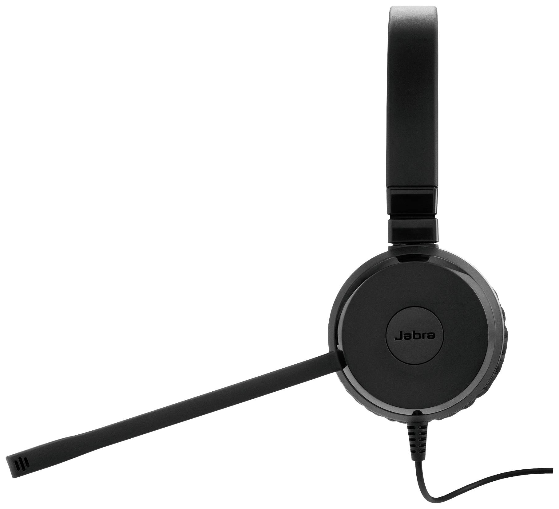 Schwarzes Jabra-Headset mit Mikrofonarm, angebrachter Kabelverbindung.