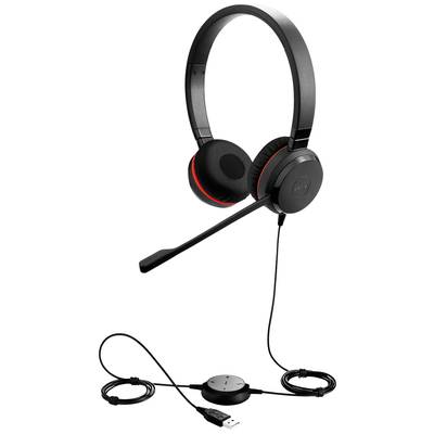 Schwarzes USB-Headset mit Mikrofon, verstellbarem Bügel und weichen Ohrpolstern. Anschlusskabel mit Bedienelementen. Ideal für PC-Kommunikation.