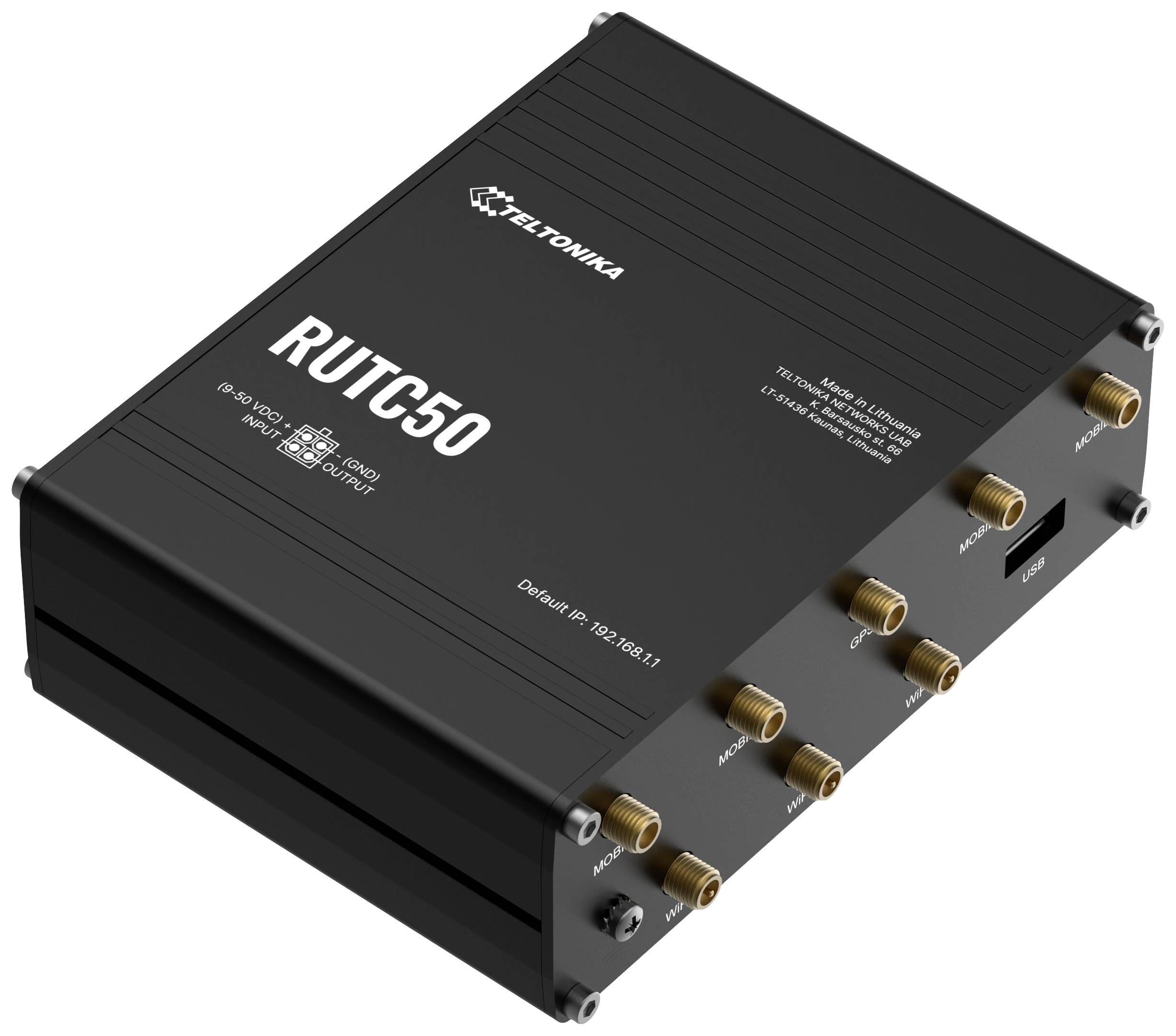 'Schwarzes RUTX50 Netzwerkgerät mit mehreren Anschlussmöglichkeiten, geeignet für industrielle und kommerzielle Anwendungen.'