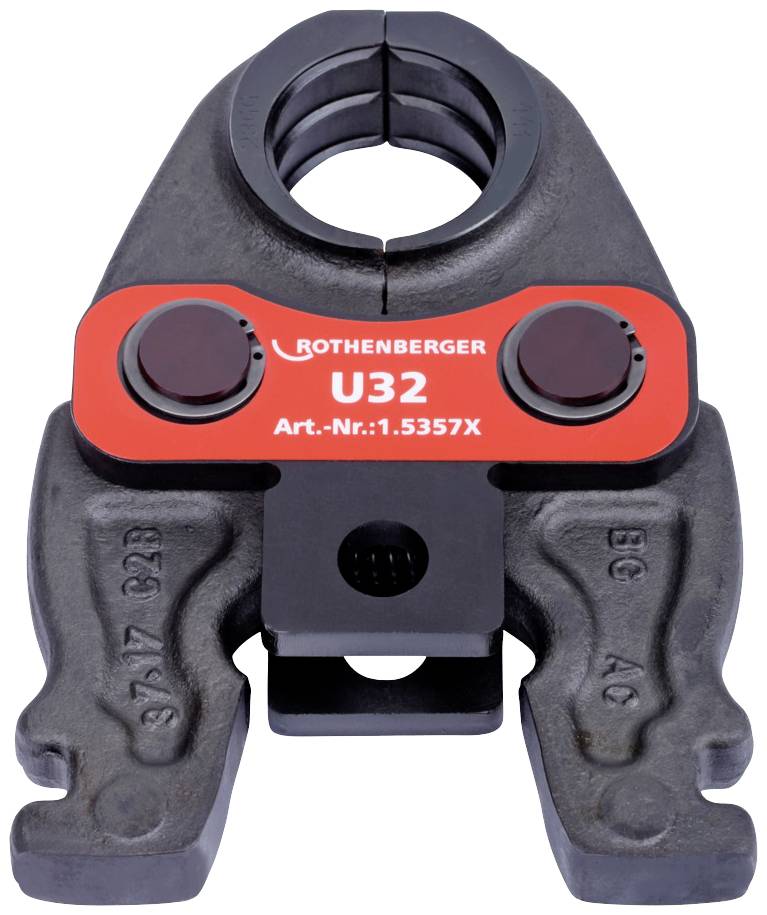 Pressbacke aus schwarzem Metall und rotem Akzenteinsatz. Text: 'ROTHENBERGER U32 Art.-Nr.:1.5357X'. Werkzeug zur Rohrverbindung.