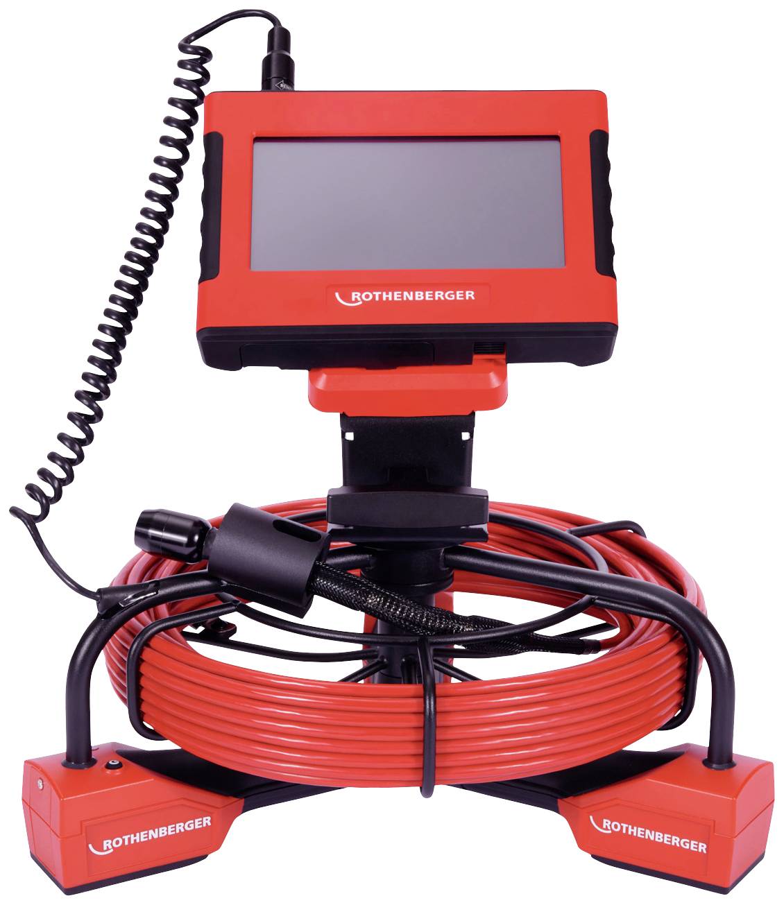 Ein rotes Inspektionskamera-System mit Monitor von Rothenberger, auf einer Spule montiert, für Rohr- und Kanaluntersuchungen.