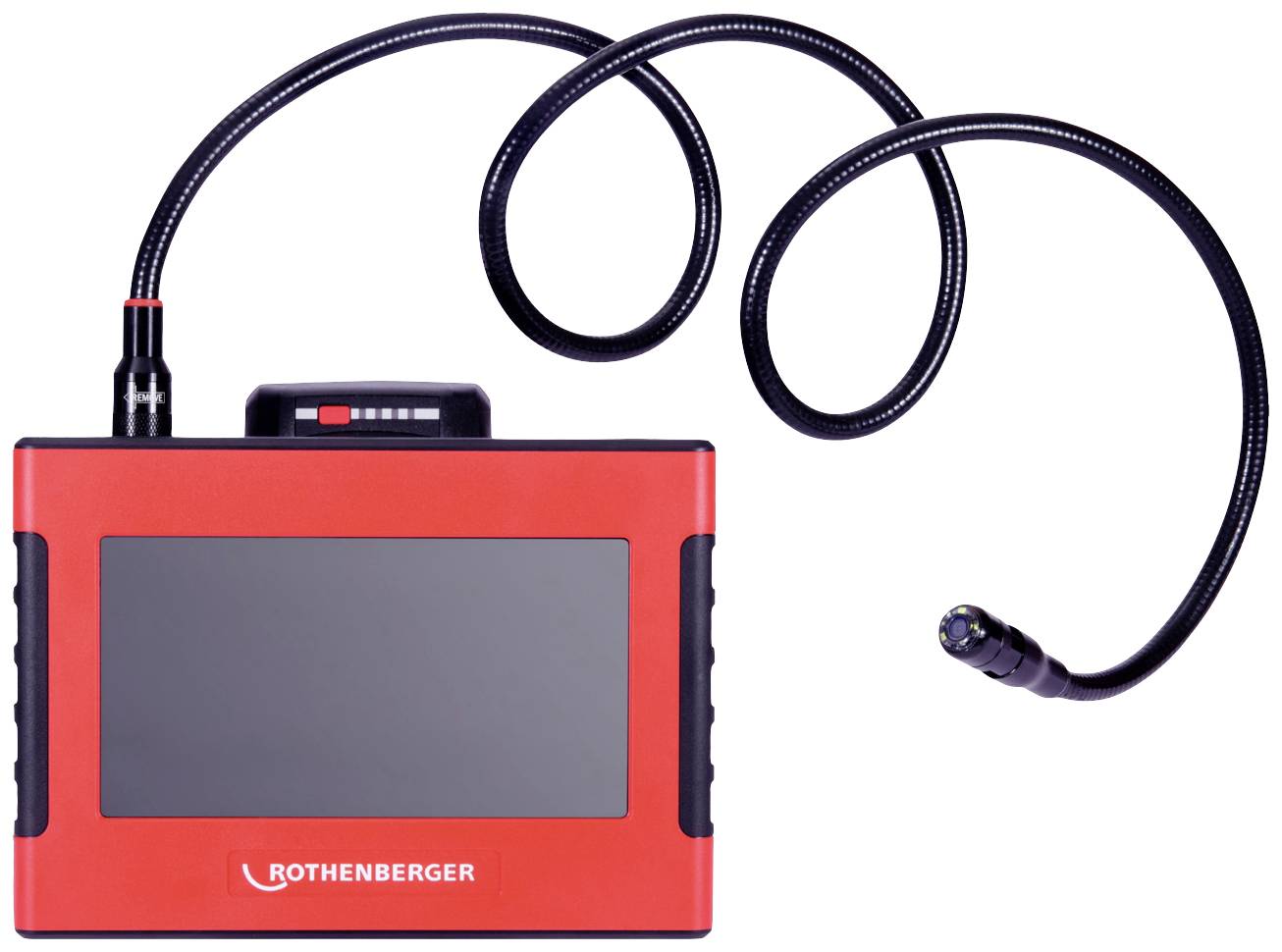 Ein rot-schwarzes Endoskop-Gerät mit flexiblem Schlauch und Kamera. Das Display zeigt keine Bildschirmanzeige. Markiert mit 'ROTHENBERGER'.