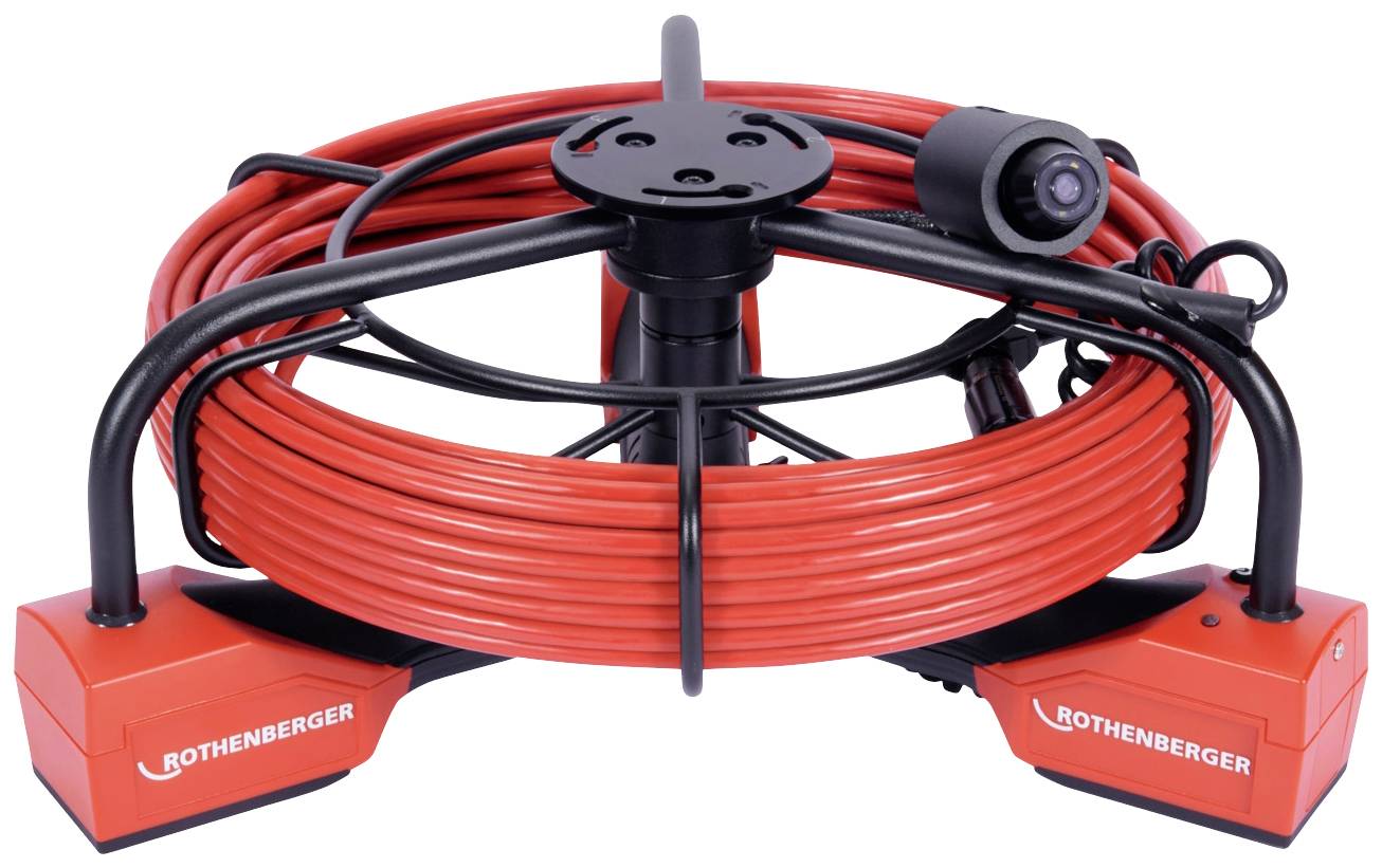 Kabelwickelgerät mit rotem Kabel und schwarzer Halterung. Es trägt die Aufschrift 'Rothenberger'.