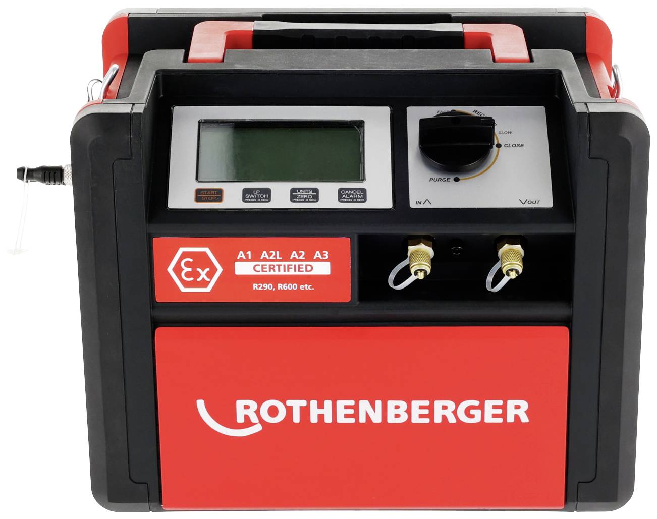 'Rothenberger' Gerätebox mit Display, Schaltern und Anschlüssen für Kältetechnik. Zertifiziert für R290, R600 etc.