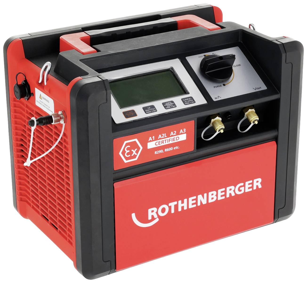 'Rothenberger' Klimaanlagenrecyclinggerät mit digitalem Display, zwei Ventilen und Tragegriff, geeignet für Kältemittel wie R32 und R410A.