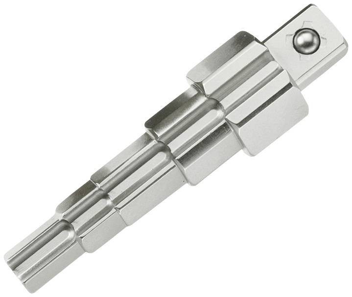 Metallschaft mit abgestuften Sektionen und Kugellager an einem Ende, in Silbersilhouette, möglicherweise Teil eines Mechanismus.