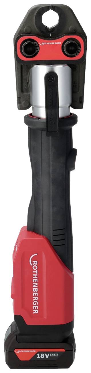 Ein kabelloses, rotes und schwarzes Presswerkzeug mit einem 18V-Akku, geeignet für Rohrverbindungen und Sanitärarbeiten.