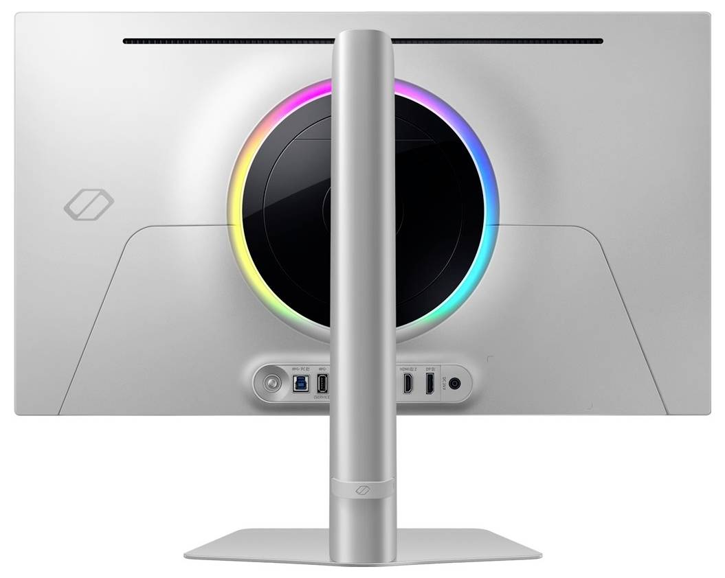 Ein Computerbildschirm von hinten, mit leuchtendem LED-Kreis in mehreren Farben. Der Standfuß ist silberfarben.