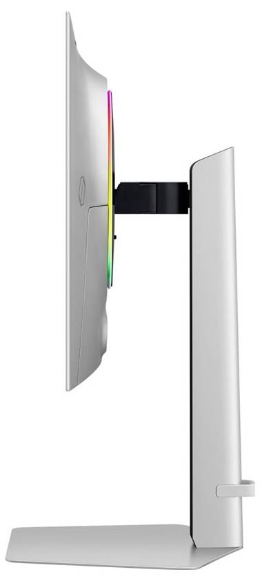 Ein flacher Computermonitor von der Seite, mit einem schmalen Ständer und leuchtenden Farben am Gehäuserand.