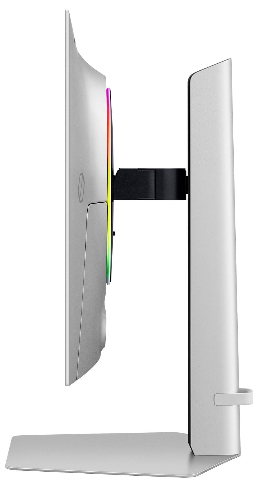Seitliche Ansicht eines modernen Computerbildschirms mit schmalem Rahmen und farbigem LED-Licht an der Rückseite.