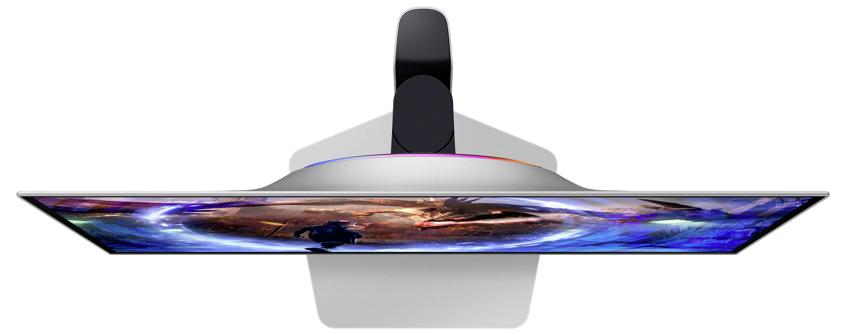 Ein schlanker Computermonitor von oben betrachtet, zeigt auf dem Bildschirm ein futuristisches, farbenfrohes Bild.