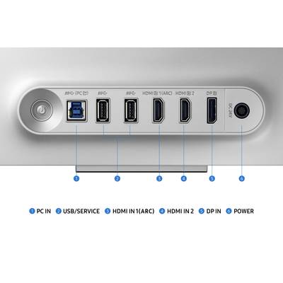 Anschlüsse auf der Rückseite eines Geräts: PC IN, USB/SERVICE, HDMI IN 1 (ARC), HDMI IN 2, DP IN, POWER.