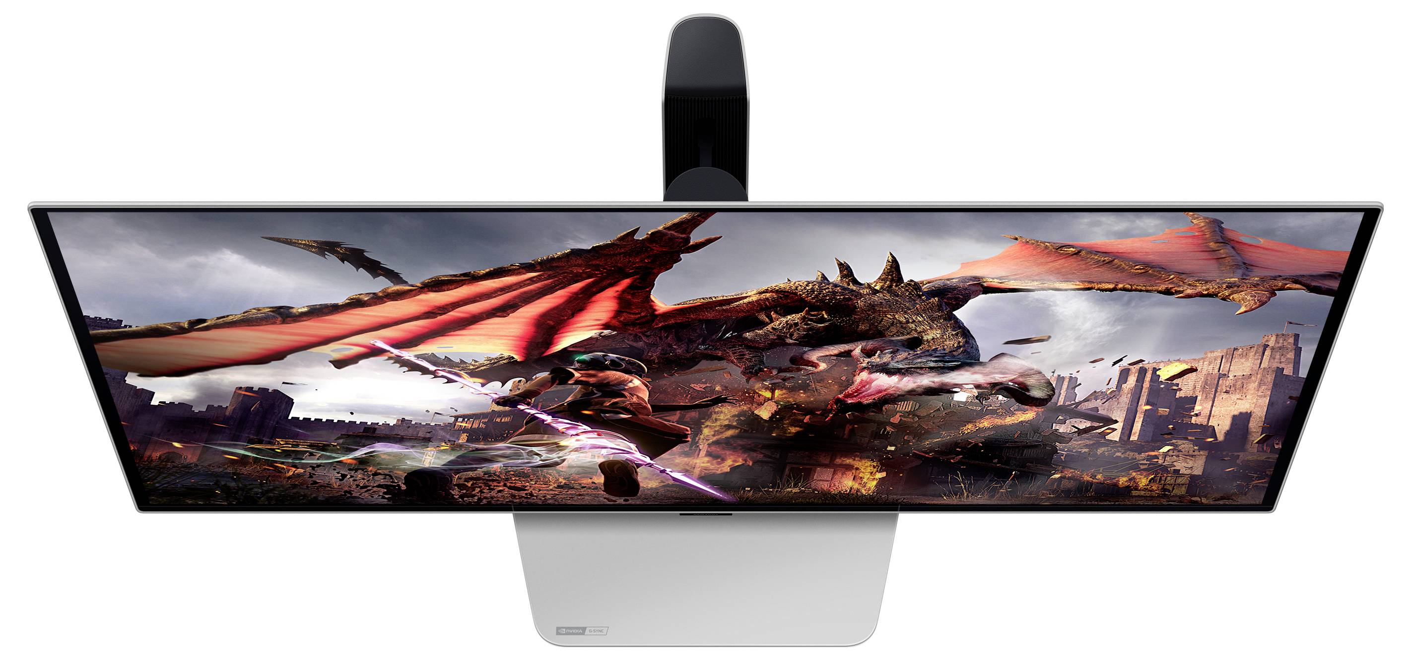 Ein Computerbildschirm in Draufsicht zeigt eine Szene mit fliegenden Drachen über einer Stadtlandschaft, umgeben von dramatischem Himmel.