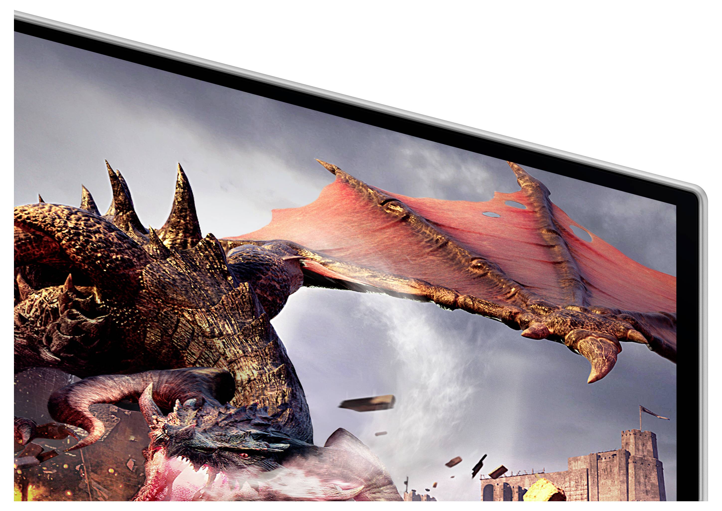 Ein Drache mit großen Flügeln fliegt über eine mittelalterliche Burg, Wolken ziehen am Himmel vorbei.