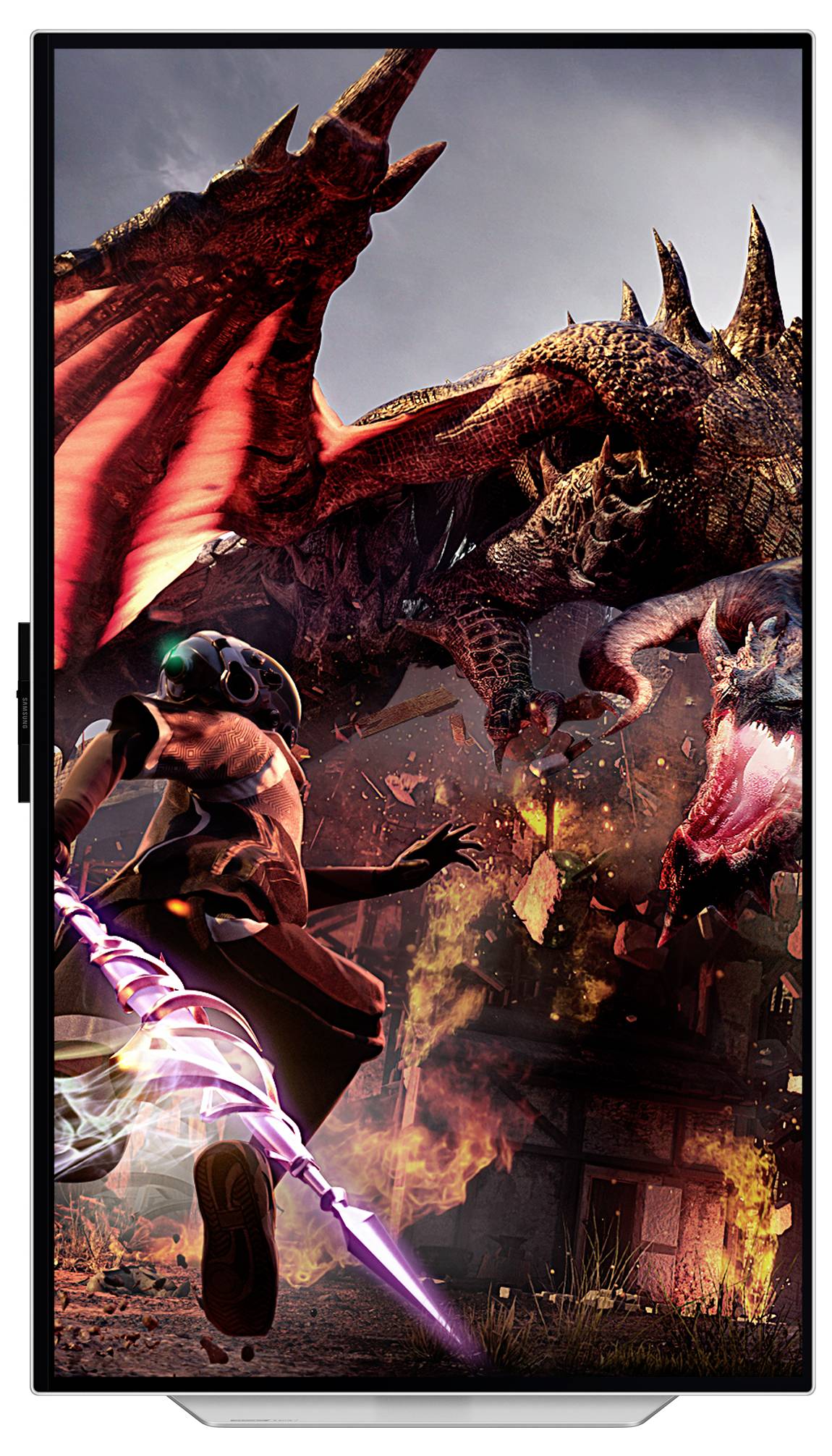 Ein Krieger kämpft gegen einen großen, feuerspeienden Drachen in einer feurigen, zerstörten Stadt. Dynamische und actionreiche Szene.