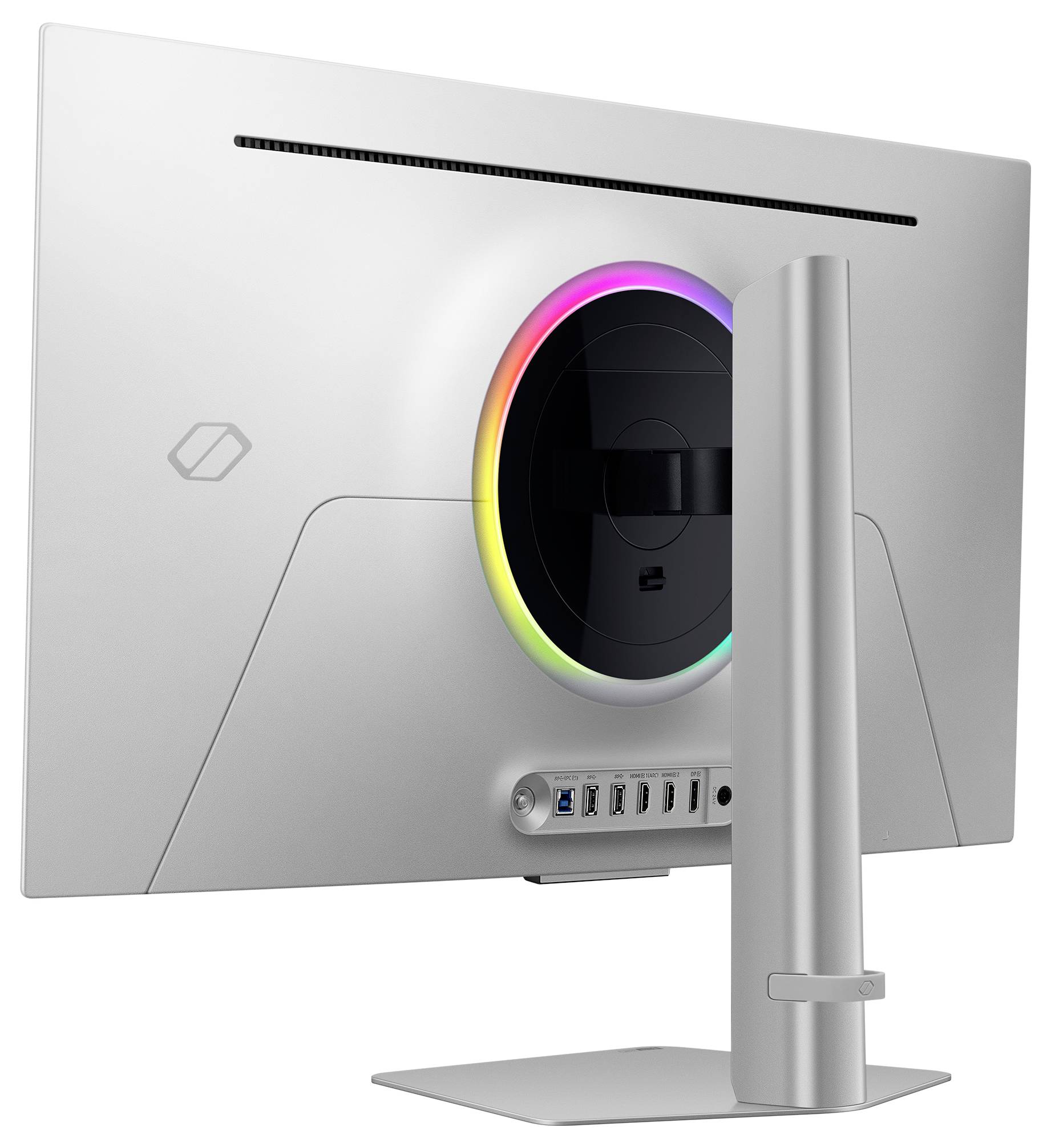 Rückansicht eines modernen Computerbildschirms mit metallischem Finish. Der Kreisbereich leuchtet in mehreren Farben. Verschiedene Anschlüsse sind sichtbar.