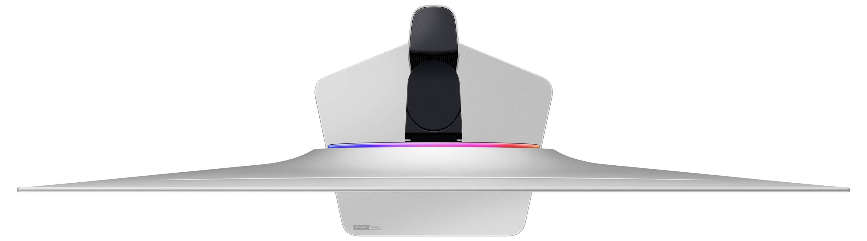 Rückansicht eines modernen Computerbildschirms mit farbigem Lichtstreifen und schlankem, futuristischem Design.