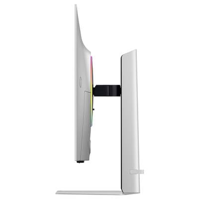 Ein ultradünner, silberner Computermonitor von der Seite betrachtet. Der Monitor steht auf einem stabilen, rechteckigen Standfuß.