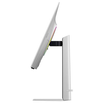 Ein seitliches Profil eines modernen, schlanken Computer-Monitors mit bunten Akzenten auf der Rückseite, auf einem eleganten Standfuß.