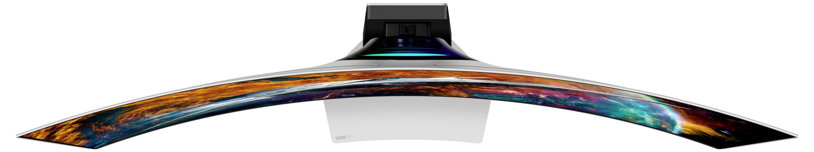 Gebogener Computermonitor von oben, mit leuchtendem, farbenfrohem Display.