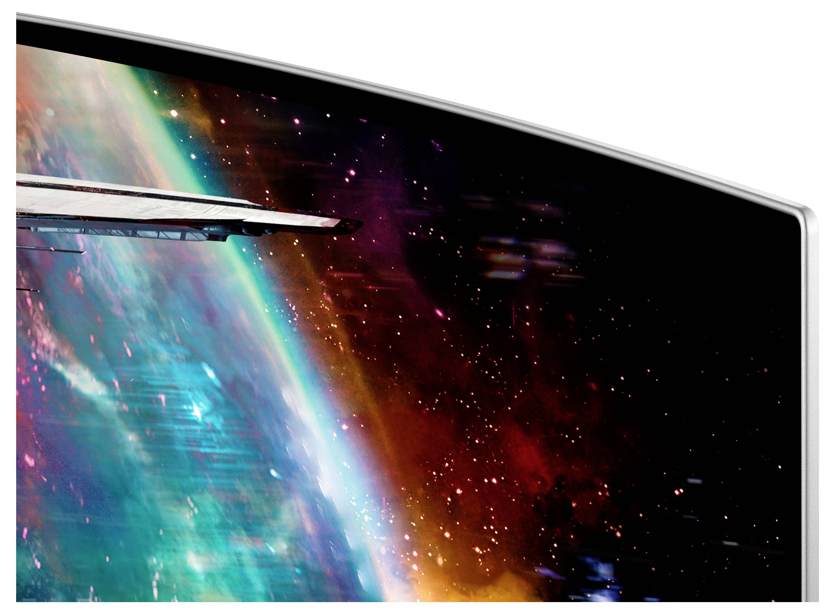 Ein Raumschiff fliegt durch den Weltraum mit bunten Nebeln und Sternen.