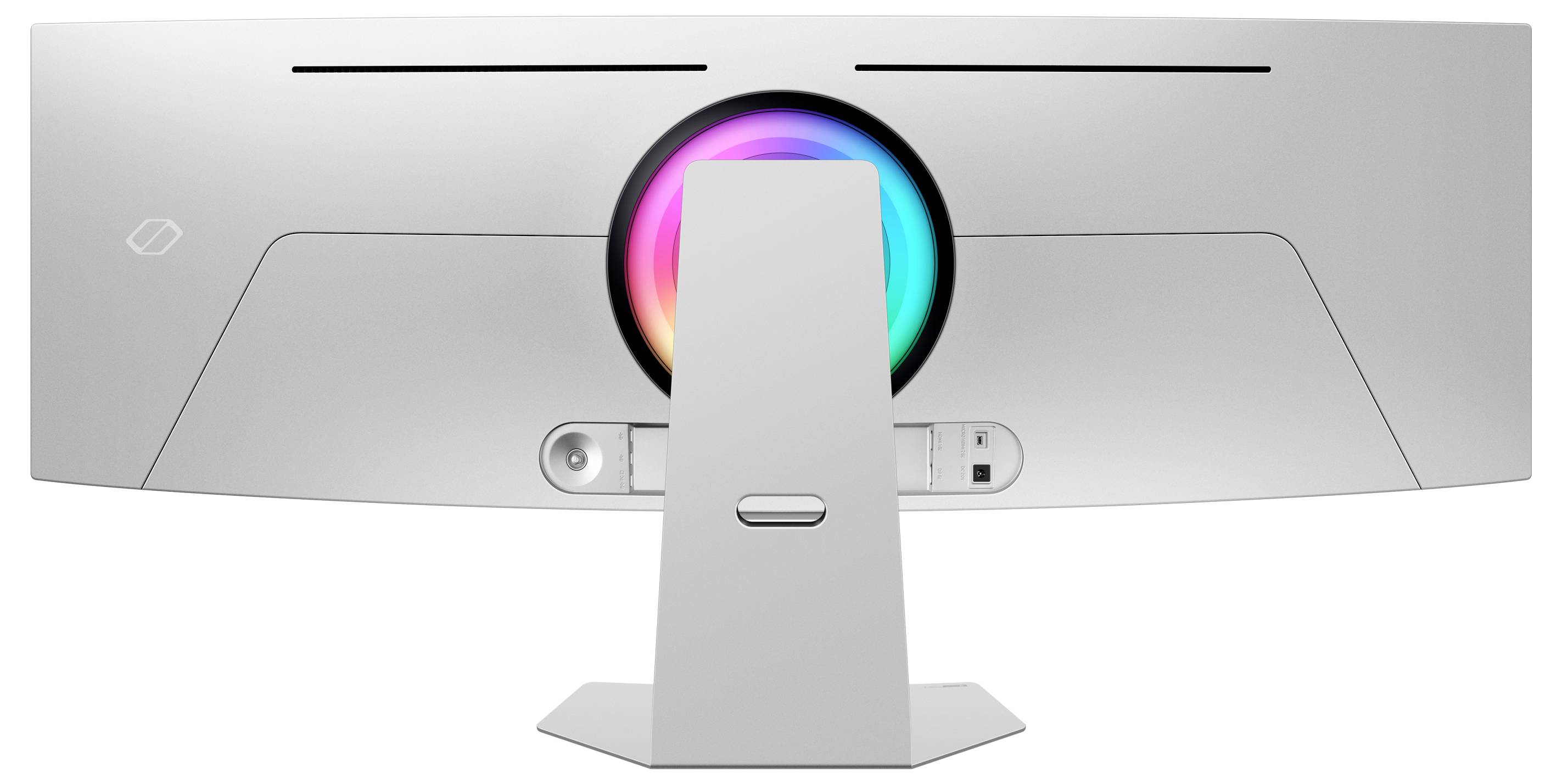 Ein gebogener Computermonitor von hinten, mit einem leuchtenden, bunten Kreis in der Mitte und mehreren Anschlüssen unten am Standfuß.