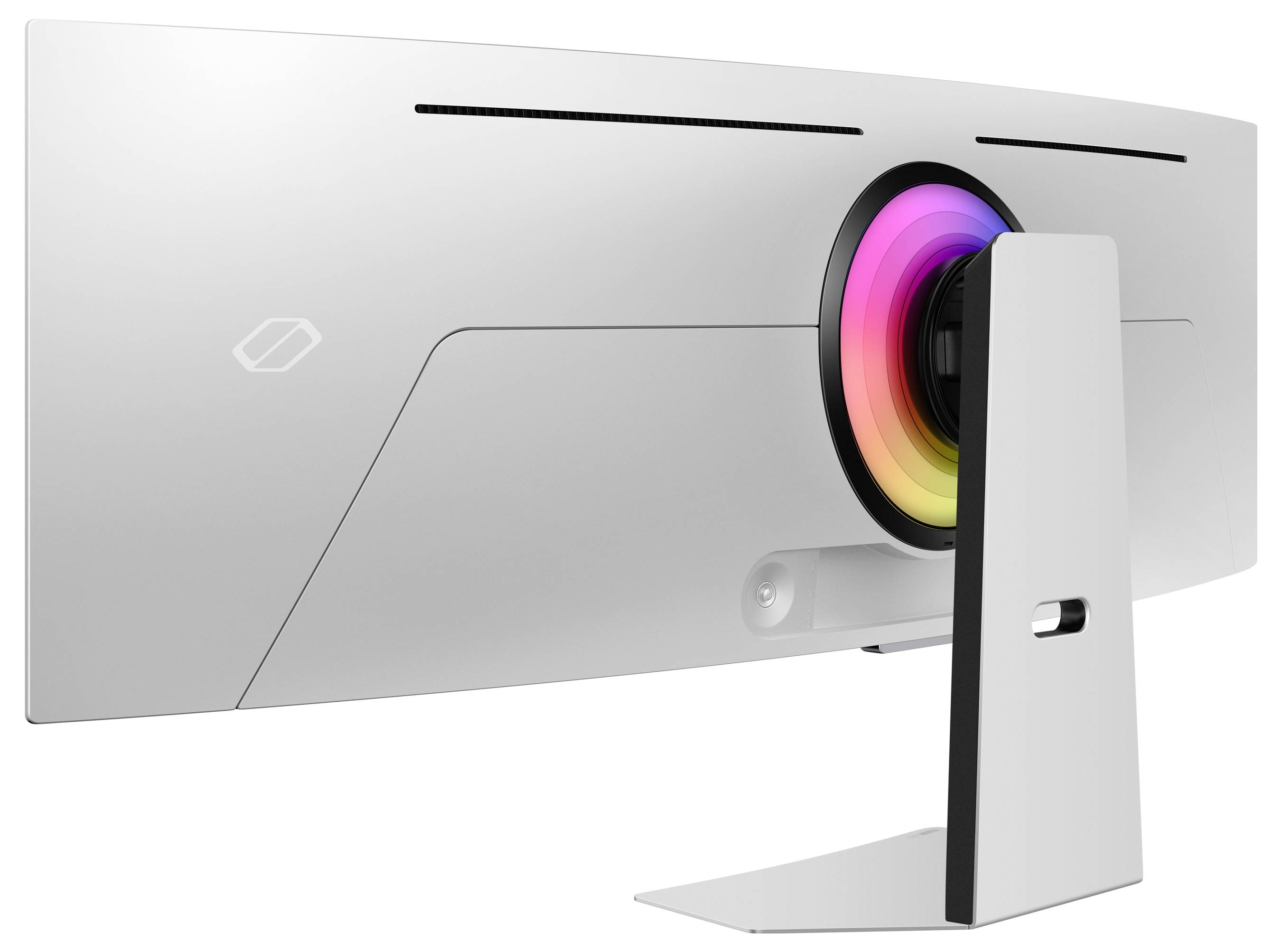 Ein gebogener Computermonitor von hinten mit einem farbenfrohen LED-Ring in der Mitte.