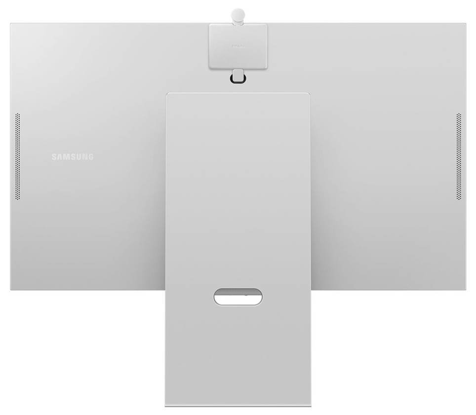 Die Rückseite eines weißen Monitors mit einem rechteckigen Standfuß. Oben ein runder Sensor. Das Samsung-Logo ist links sichtbar.