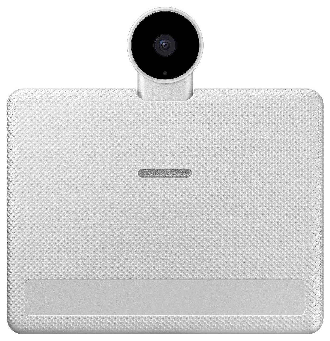 Ein quadratisches, strukturiertes Gerät mit einer Kamera oben in der Mitte; vermutlich eine Konferenzkamera oder ein Monitor.