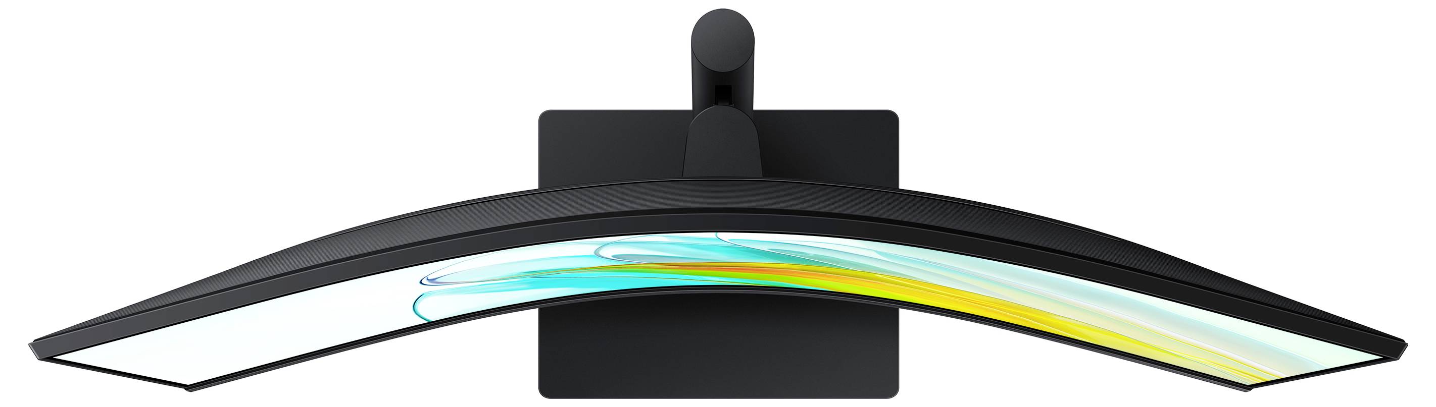 Ein moderner, gebogener Monitor von oben betrachtet, mit einem schlanken Design und schmalem Rahmen, zeigt ein buntes Display.