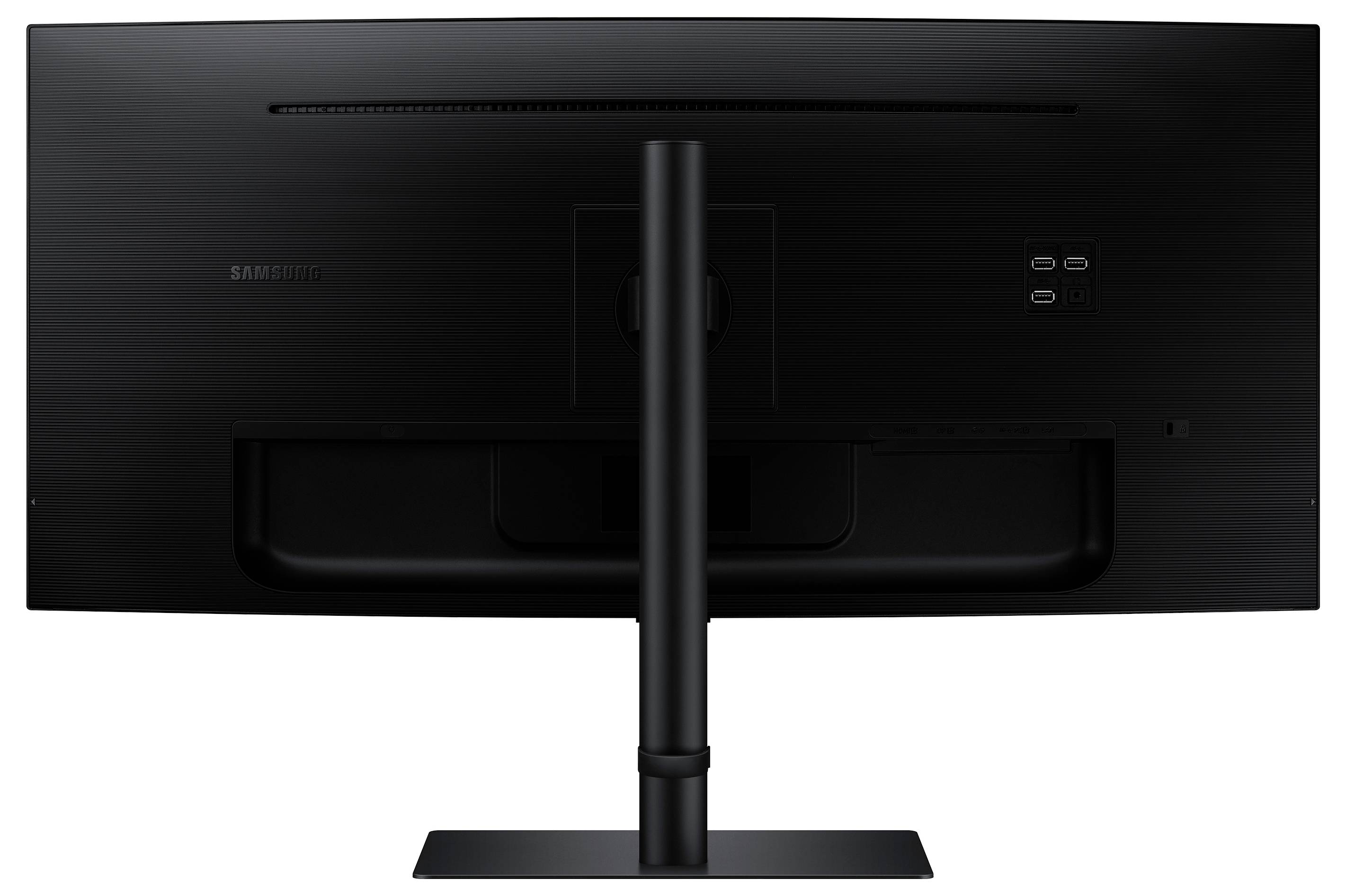 Ein schwarzer Computermonitor von hinten, mit einem breiten Bildschirm und einem stabilen Ständer. Zwei USB-Anschlüsse sichtbar.