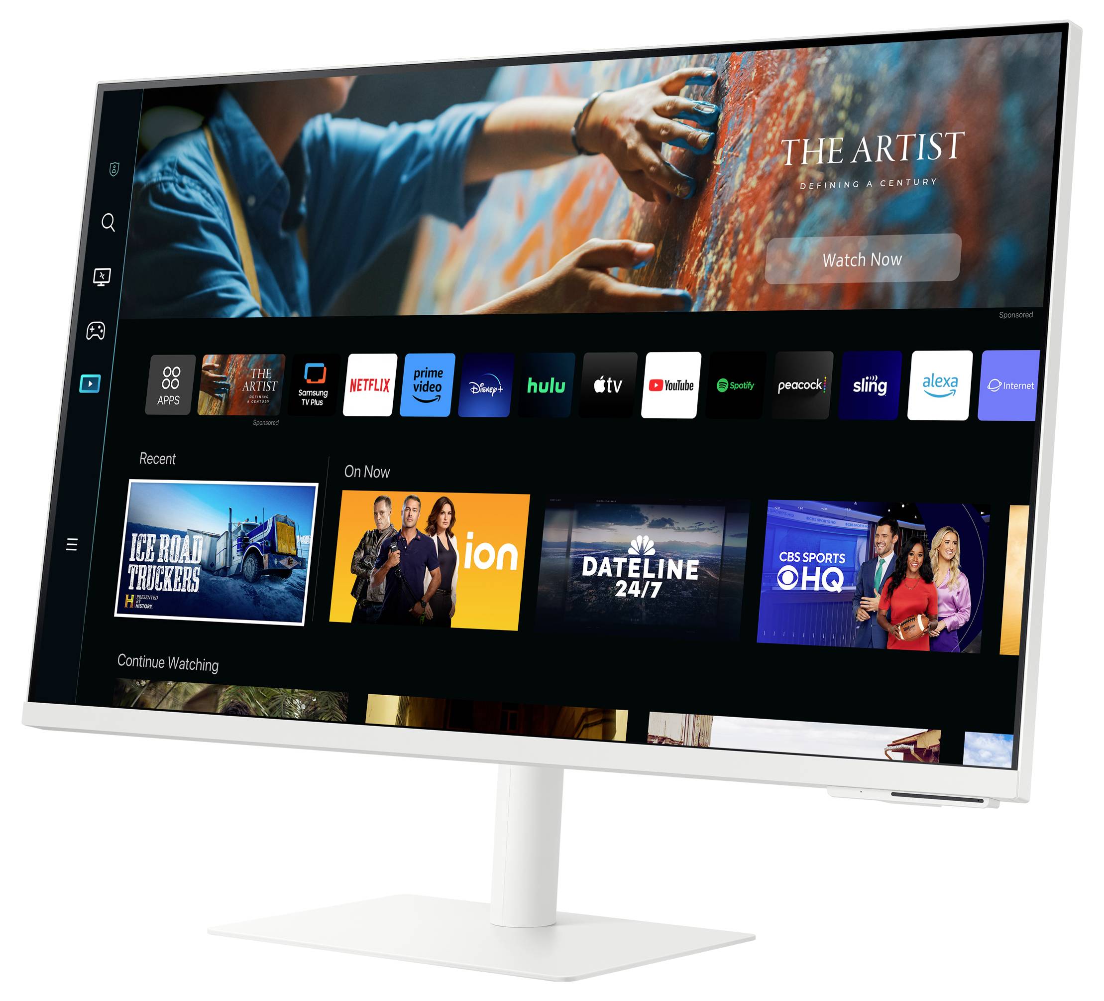Ein Monitor zeigt eine Streaming-Oberfläche mit verschiedenen Apps und Serienvorschlägen wie Netflix, Prime Video und Hulu.