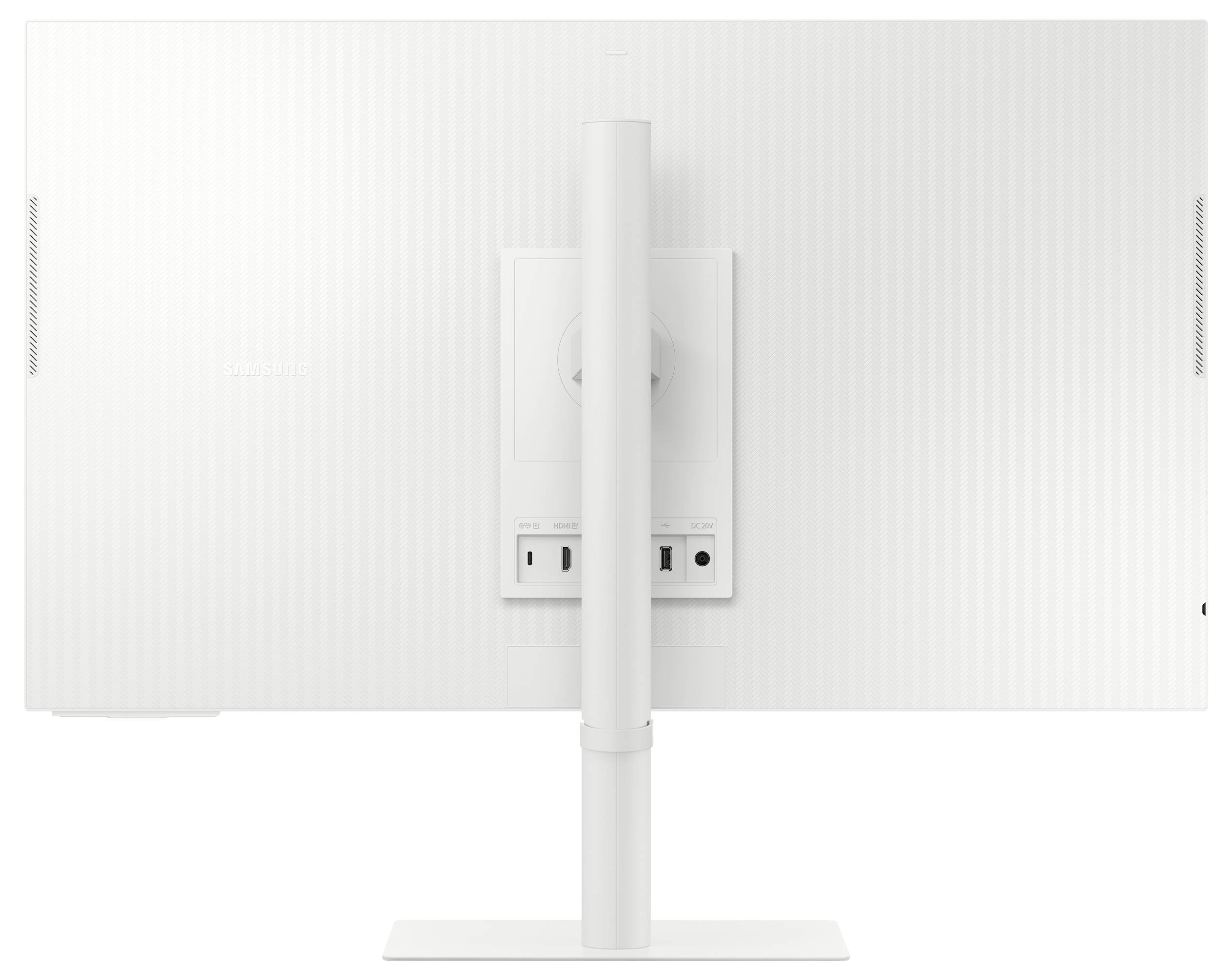 Rückansicht eines weißen Computermonitors auf einem Standfuß. Die Rückseite ist strukturiert, mit mehreren Anschlüssen in der unteren Mitte.