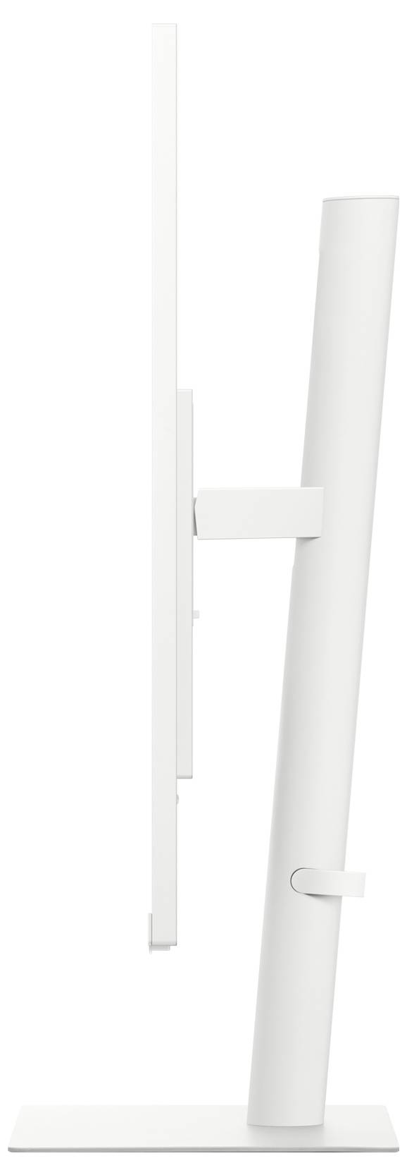 Seitenansicht eines weißen Computerbildschirms auf einem schmalen Standfuß. Der Bildschirm ist dünn und elegant gestaltet.