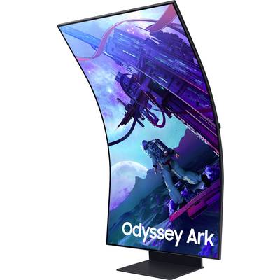 Ein gebogener Monitor zeigt ein Science-Fiction-Motiv: ein Astronaut vor einer futuristischen Stadt und einem blauen Himmel.