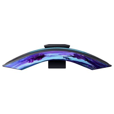 Gekrümmter Monitor, zeigt futuristisches Spielbild mit blau-lila Tönen. Erzeugt ein immersives visuelles Erlebnis für Gaming.