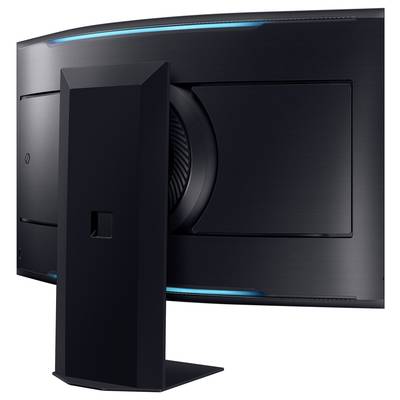 Ein schwarzer, gebogener Computerbildschirm von hinten, mit einem stabilen Standfuß. Blaue LED-Lichter oben und an den Seiten.
