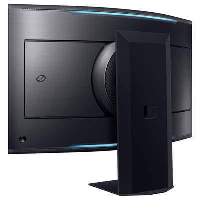 Rückansicht eines gebogenen Computerbildschirms mit blauem LED-Lichtstreifen und schwarzem Standfuß auf weißem Hintergrund.