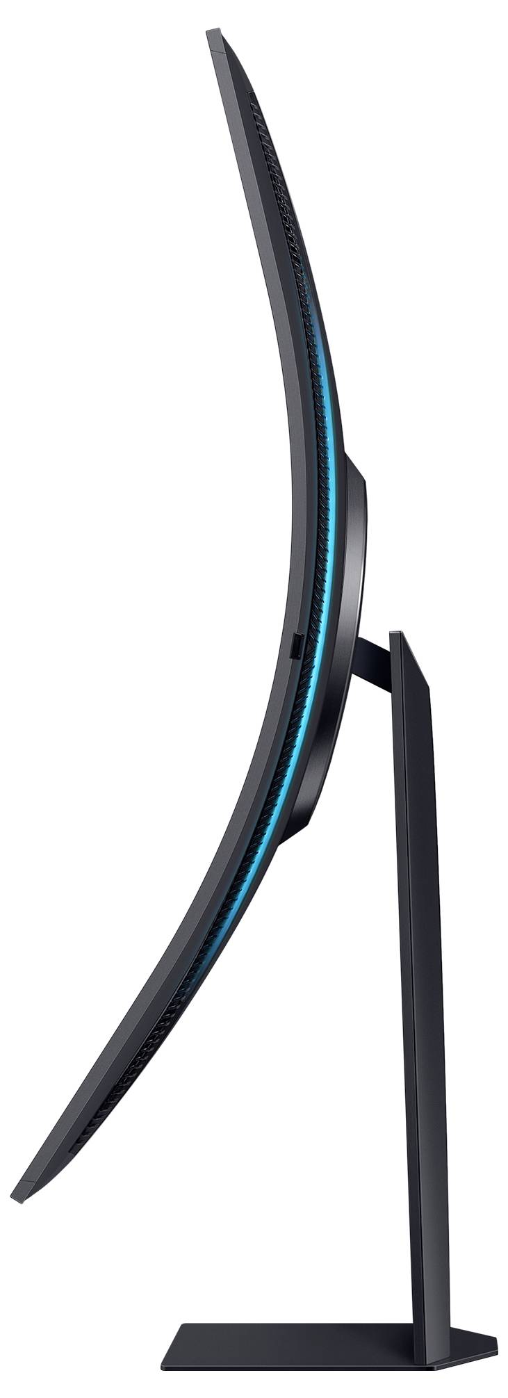 Ein gebogener Computerbildschirm von der Seite, auf einem stabilen Standfuß montiert, mit blauer Lichtrahmenbeleuchtung auf der Rückseite.