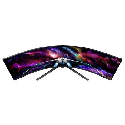 Ein gebogener Gaming-Monitor zeigt ein farbenfrohes Weltraumspiel mit einem futuristischen Raumschiff im Zentrum des Bildschirms.